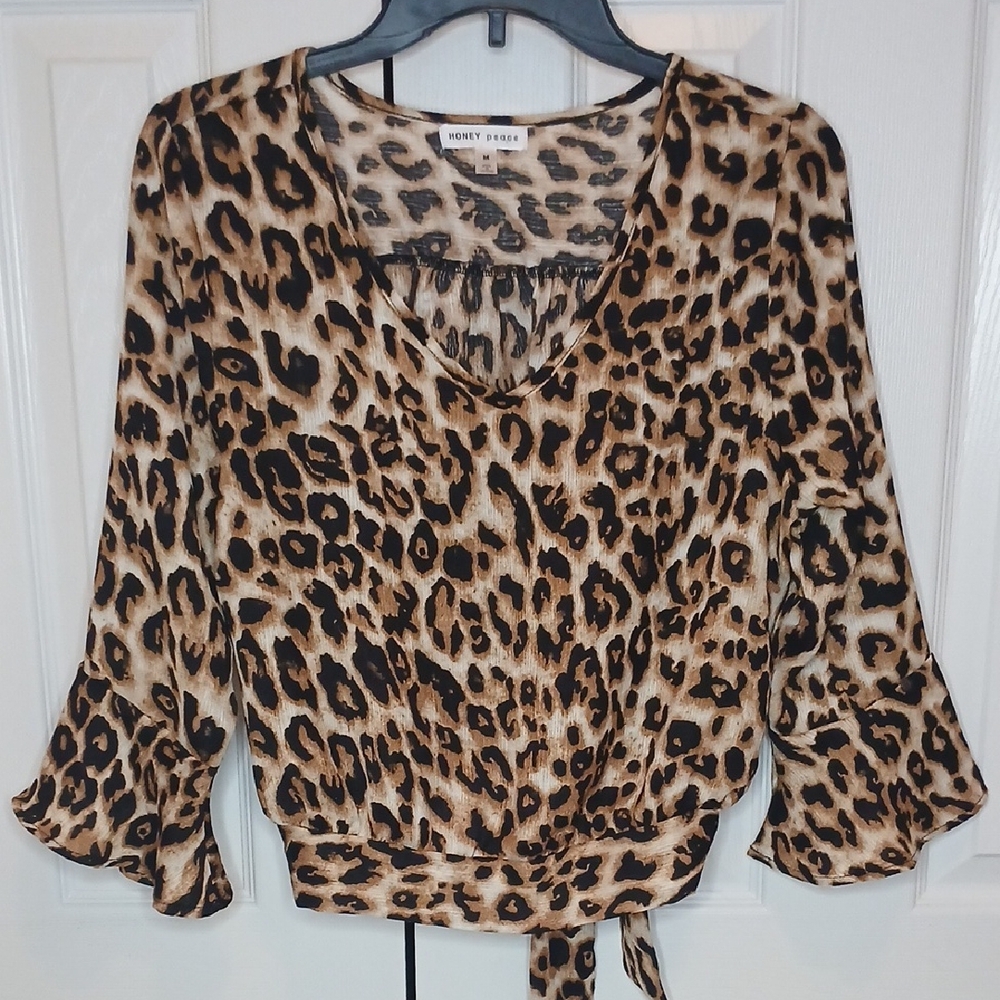 Honey Peace Cheetah Print Tie Back Crop Top Women's Medium